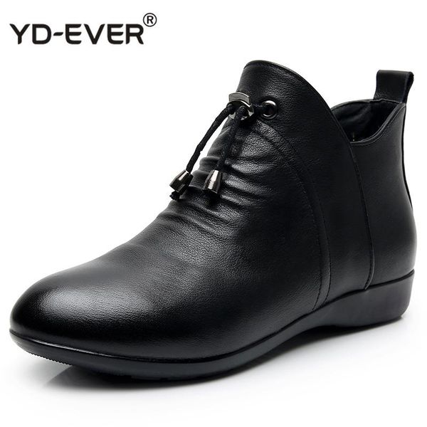 

boots fashion women autumn genuine leather ankle winter warm fur plush shoes big size 43, Black