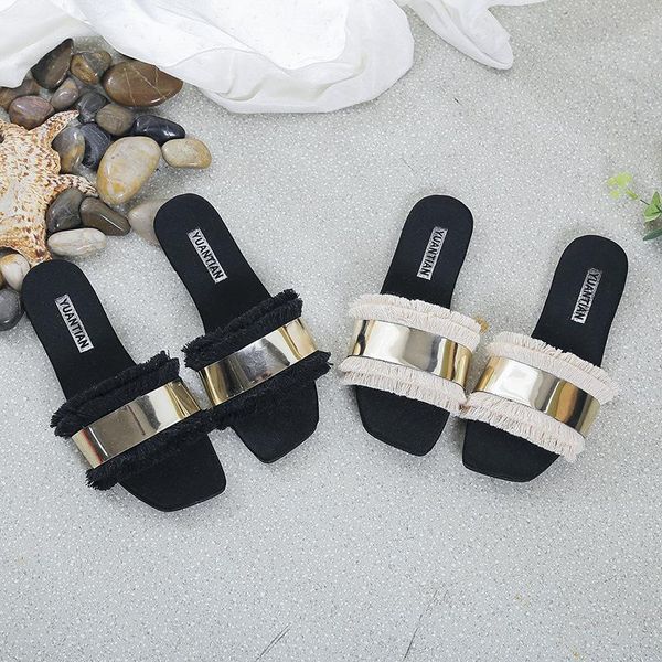 

slippers 2021 summer flat beach sandals and tassels word simple fashion bling open toe with women's shoes, Black