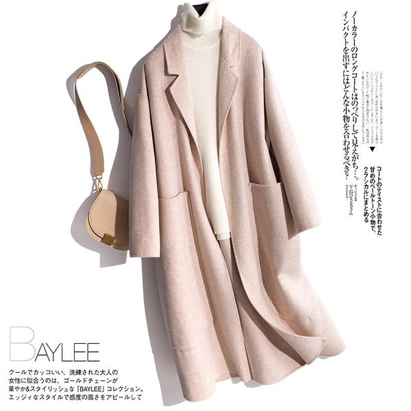 

women's wool & blends coat female loose version autumn and winter jacket double-sided warm v-neck solid color casual long, Black