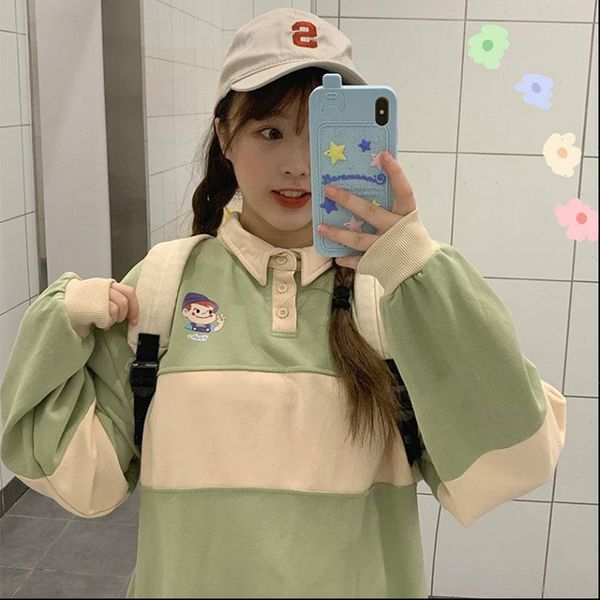 

lapel stitching cute casual women harajuku loose vintage japan college style long sleeve kawaii cartoon fun print t shirt, White