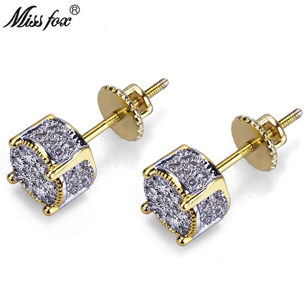 

missfox hip-hop 24k gold plated cz men's earrings studs fashionable round cubic zirconia jewellery piercing male earring gifts 210325, Golden;silver