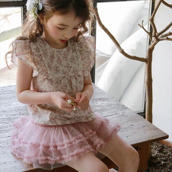 

girl set korean style summer teenagers girls shirts floral shorts 2pcs ruffles sleeves blouses children clothes, White;black