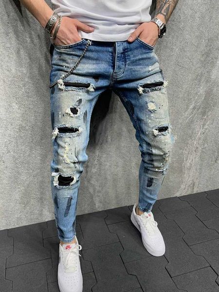 

men's jeans paint ripped sweatpants hole pants casual male skinny trousers slim biker outwears european size, Blue