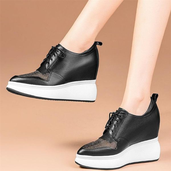 

boots fashion sneakers women genuine leather wedges high heel ankle female breathable lace chunky platform pumps oxfords shoes, Black