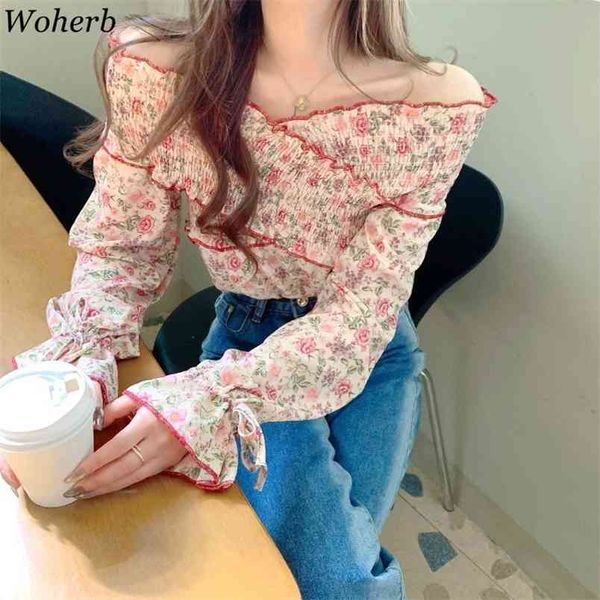 Blusas de Mujer Slash Sece Crest Design Floral Chiffon рубашка женские весенние блузки темпераментные сладкие вершины 4H773 210519