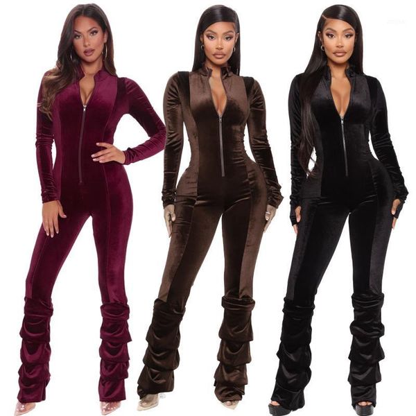 

plus size tracksuits solid zipper velvet stacked jumpsuit long sleeve zip rushed pants bodycon romper festival club overall one piece mh, Black