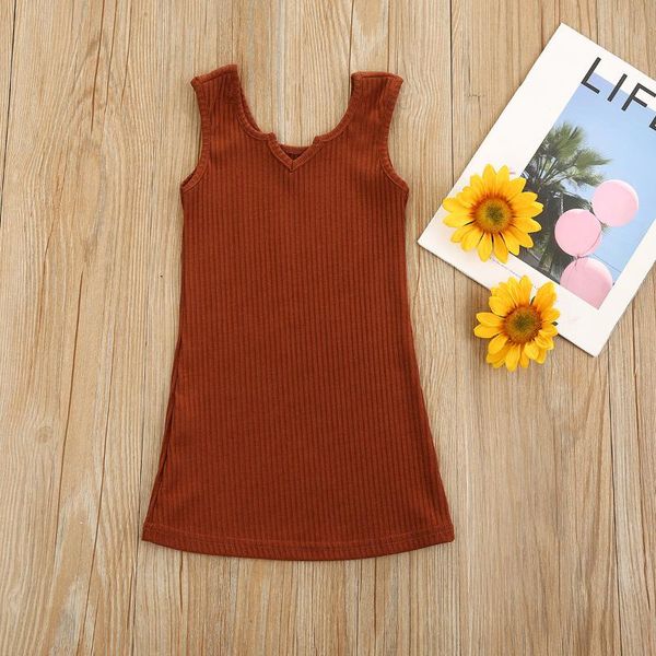 

girl's dresses kids dress girls solid color round collar sleeveless one-piece sundress for summer fall brown knitting elasticity, Red;yellow