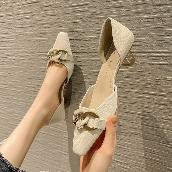 

luxury dress shoes 2021 summer korean chain buckle fashion thick heel high heels hollow single sho female oem straight, Black