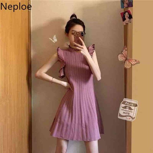 

neploe women dresses summer sleeveless knitted elegant dress slim waist a-line vestidos mujer chic sweet ruffles robe 4l043 210422, Black;gray
