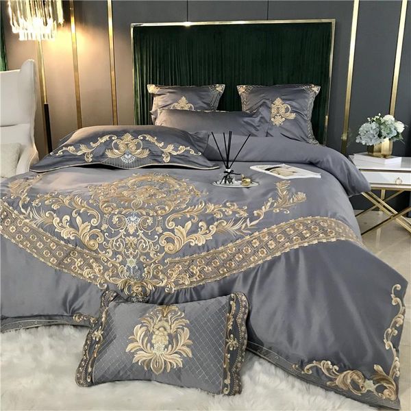 

bedding sets gray luxury european royal style gold embroidery 60s satin silk sheet bed linen fitted pillowcase cotton cover set duvet