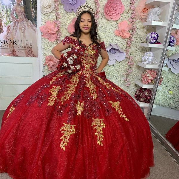 Rot 2022 Prinzessin Quinceanera Kleider Gold Verzierungen Pailletten Sweet 16 Gowns vor Schulter Korsett Vestidos 15 Anos