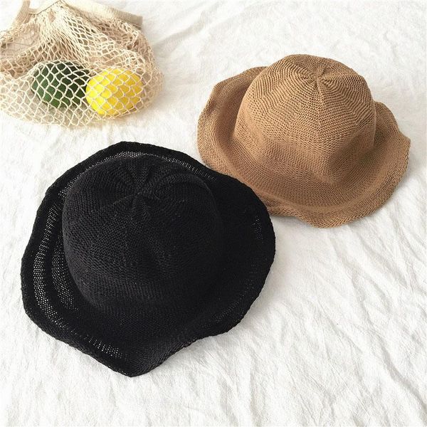 

solid casual knitted bucket hats women spring summer foldable all match fishing cap outdoors sun protection hat breathable 2021 wide brim, Blue;gray