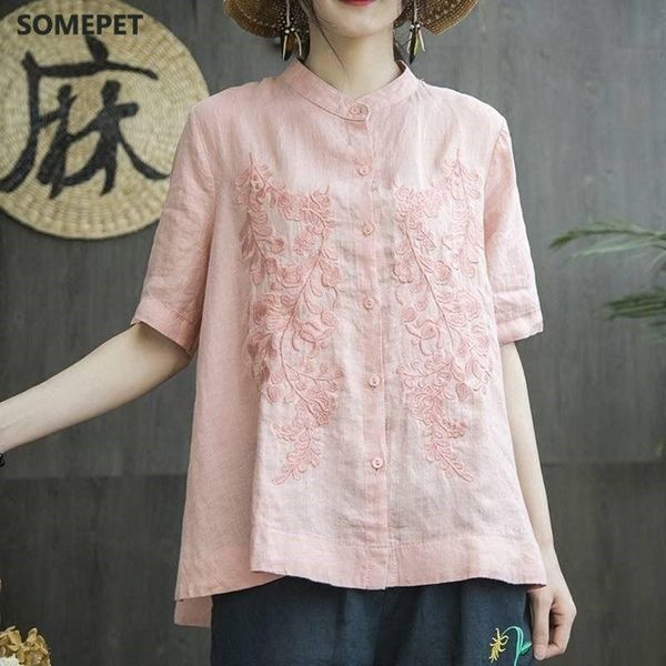 

women's blouses & shirts summer style women shirt plus size short sleeve loose embroidery cotton linen blouse big ladies femme blusas, White