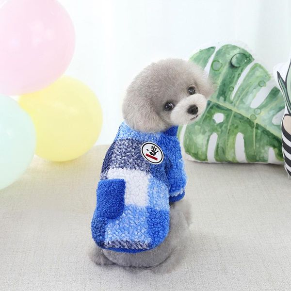 

warm pet dog clothes simple pocket blue plaid two-legged fleece apparel