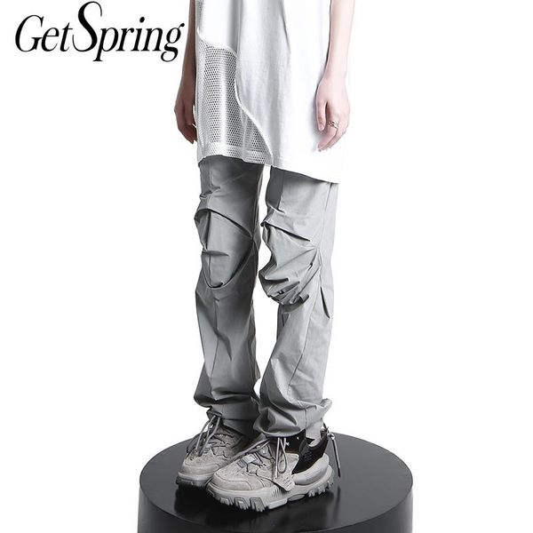 

getspring women pants irregular high waist woman black gray all match vintage long trousers cargo 210601, Black;white