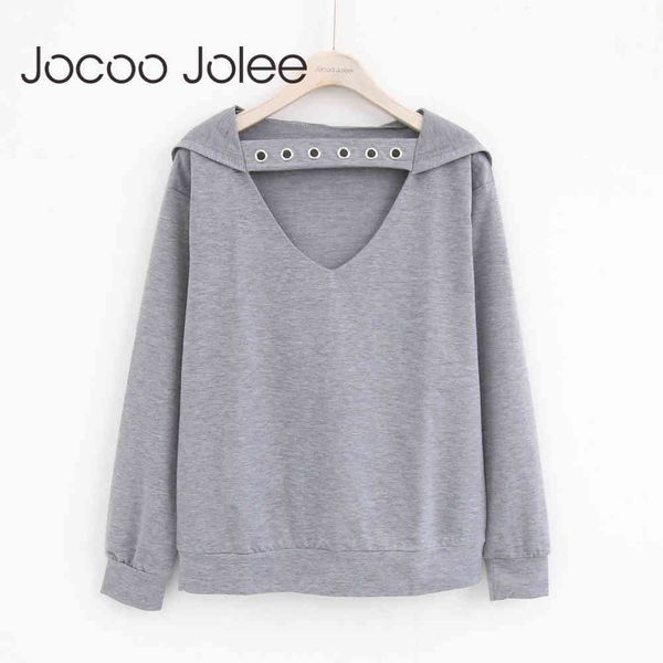 

women casual hoodies v neck hooded sweatshits solid long sleeve loose harajuku pullovers 210428, Black