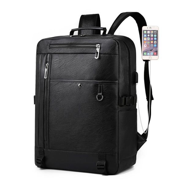 

backpack vintage usb men pu leather black bagpack male large capacity