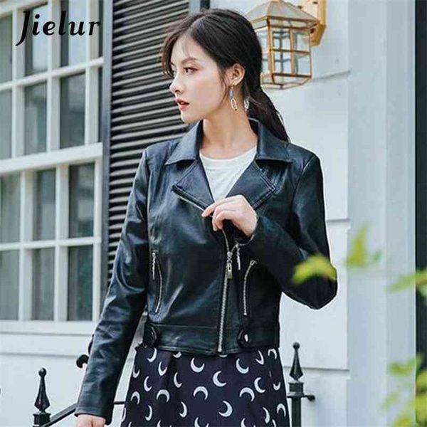 

leather jacket women black biker solid color coat female long sleeve s basic m- 210426