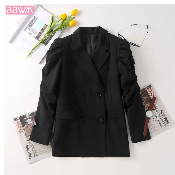 

women's jackets korean style lapel double breasted black puff sleeve chic female coat harajuku simple and versatile professional jacket, Black;brown