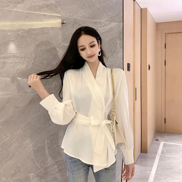 

white irregular women blouses fashion patchwork v neck harajuku blusas bow belted elegant office lady long sleeve cardigan women's & s
