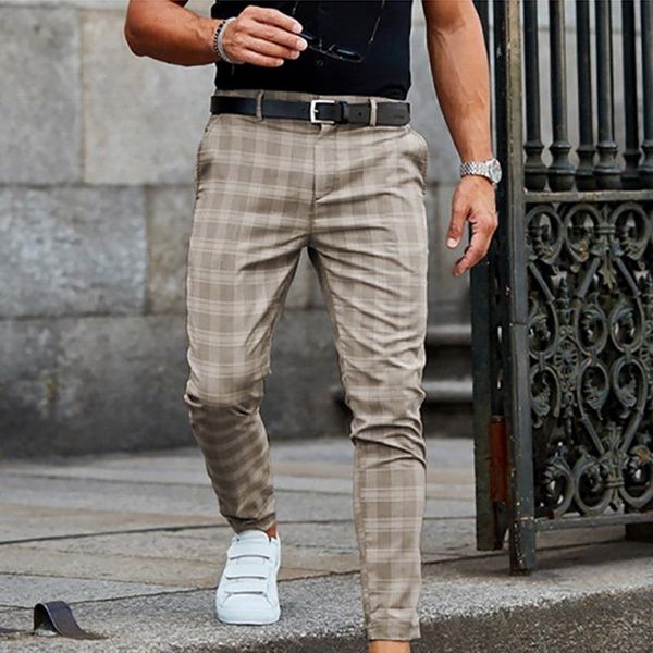 

men's pants 2021 spring fashion plaid printed pencil for mens vintage mid waist button trouser male summer casual long pant streetwear, Black