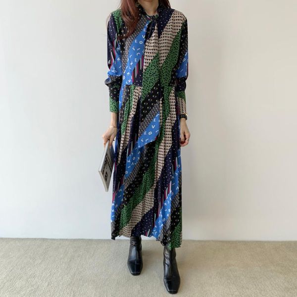 

chic korean design designer 2021 female spring summer vintage print lapel long sleeve midi dress party robe casual dresses, Black;gray