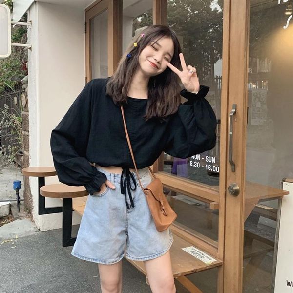 

women's blouses & shirts korean long sleeve white women clothing spring autumn fashion o-neck causal loose blouse hipster drawstring cr