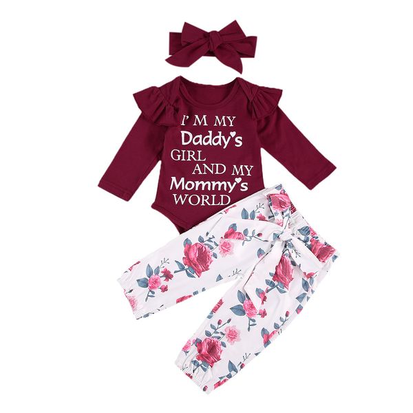 

newborn toddler girls 3 pcs spring autumn outfits suits long sleeve letter printed romper + bowknot long pant + bow headband, White