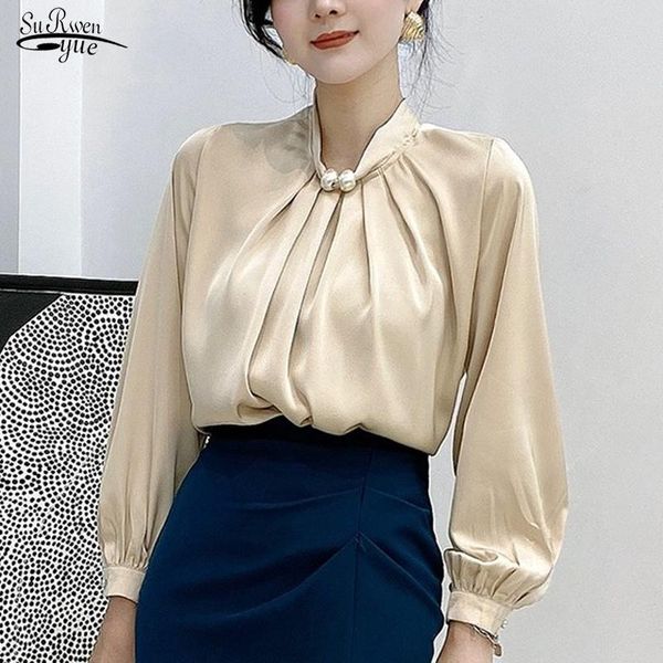 

women's blouses & shirts 2021 office lady fashion autumn white women silk long sleeve loose shirt satin elegant stand collar blouse 168