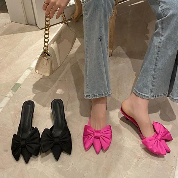 

slippers 2021summer fashion women female thin low heels silk butterfly-knot shallow mules shoes pointed toe solid elegant, Black