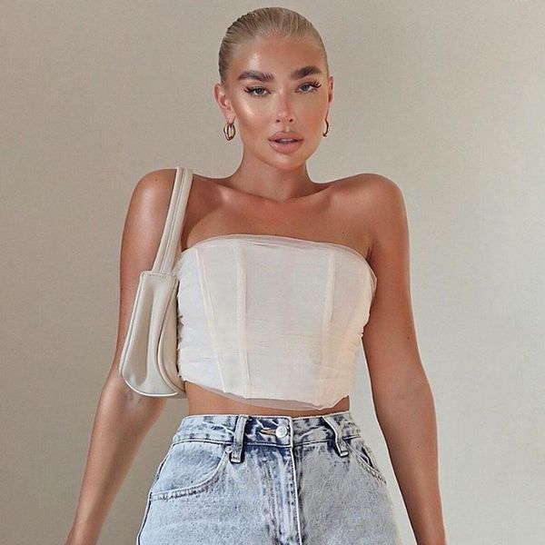 

women's tanks & camis fish bone mesh corset to wear out elegant women clothes party night club bustier crop top, White