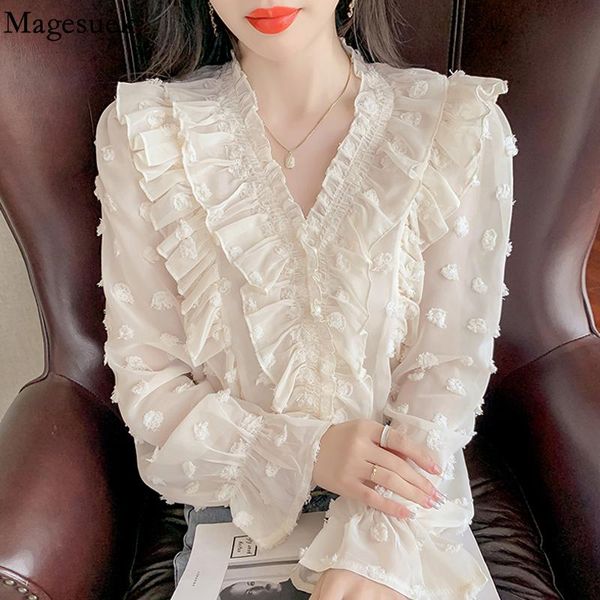

women's blouses & shirts french ruffle blouse 2021 autumn long sleeve elegant chiffon shirt v-neck loose lace women blusas 17199, White