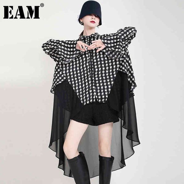 

[eam] women black big size irregular mesh printed blouse lapel long sleeve loose shirt fashion spring autumn 1dd7503 210512, White