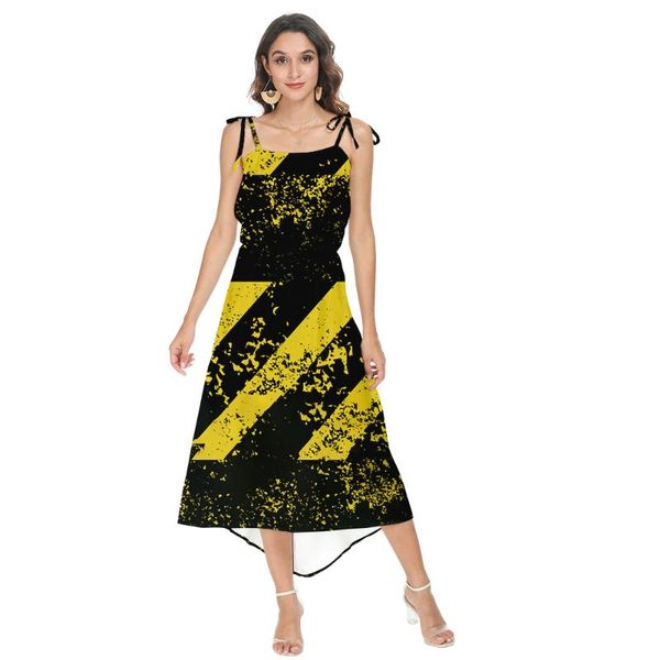 

casual dresses striped 3d digital printing summer slim mid-length dress suspender, Black;gray