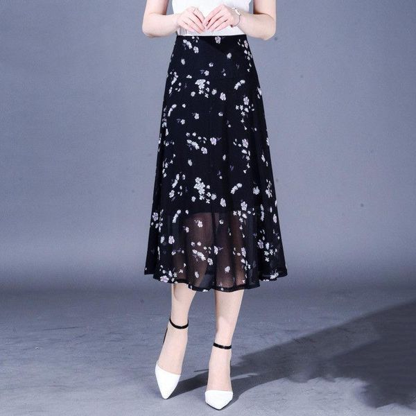 

skirts women 2021 summer high waist chiffon female vintage casual floral print skirt ladies elegant chic beach v64, Black