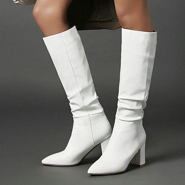 

boots thick heeled pointed toe knee high artificial leather women fold decoration ladies winter shoes, Black