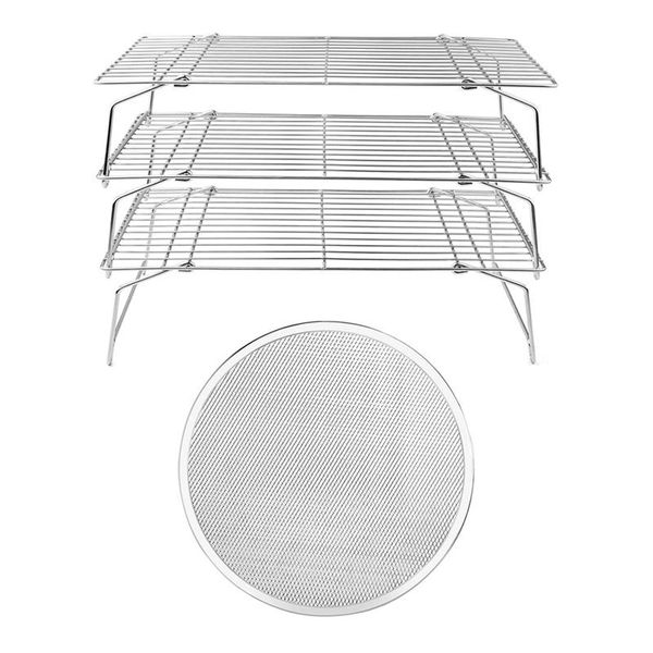

pcs round pizza oven baking tray barbecue grate nonstick mesh net(11 inch) & 1 3-tier stainless steel rack kitchen storage organization