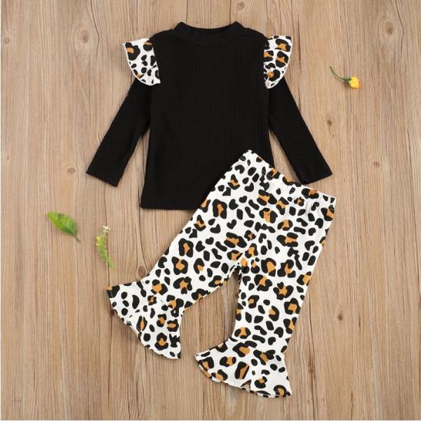 Kleinkind Baby Mädchen Kleidung Sets Fly Stehkragen Pullover Gestrickte Baumwolle Tops Leopardenmuster Ausgestellte Lange Hosen 2 Stücke