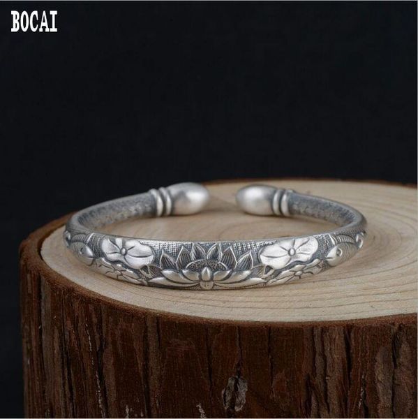 

real s990 pure silver vintage thai craft bracelet six-word mantra female models opening pisces lotus bangle, Black