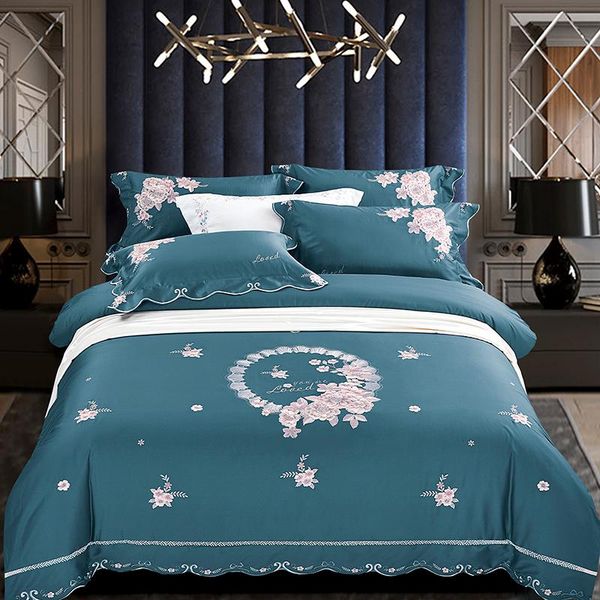 

bedding sets luxury blue red chinese style flowers embroidery 100s egyptian linen duvet cover set cotton bed sheet pillowcases fitted