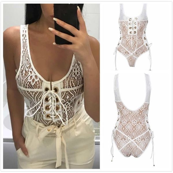 

summer arrival lady bandage bodysuit jumpsuit women white black hollow out shapewear overalls 210517, Black;white