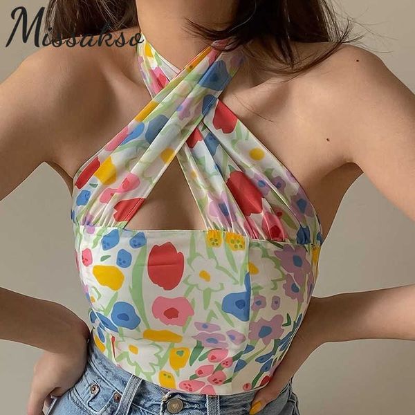 

missakso floral print hollow out halter crop streetwear beach casual summer y2k women skinny backless tank 210625, White