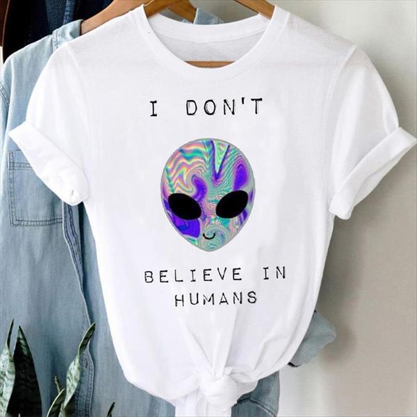 

cartoon funny letter fashion alien women casual 90s cute clothes graphic lady print female tee, White