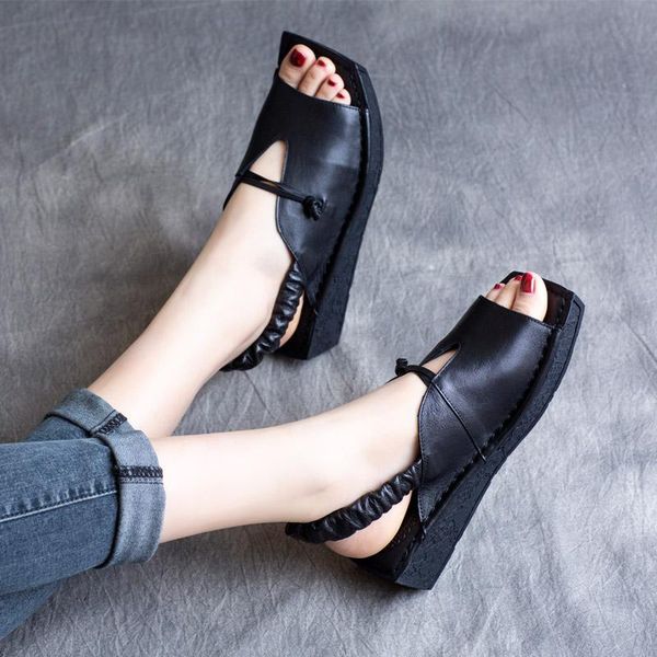 

women leather sandals low heels wedge summer shoes for black casual soft genuine handmade2021