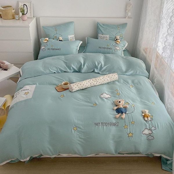 

bedding sets cartoon cute teddy bear star embroidery super soft tencel child set smooth cool duvet cover flat/fitted sheet pillowcase