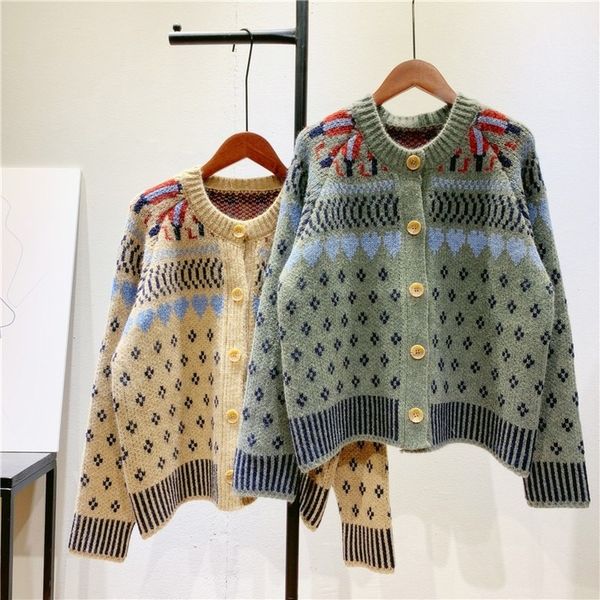 

knits vintage knitted cardigan women spring fall jacquard sweater jacket girls students fashion knit outwear, White
