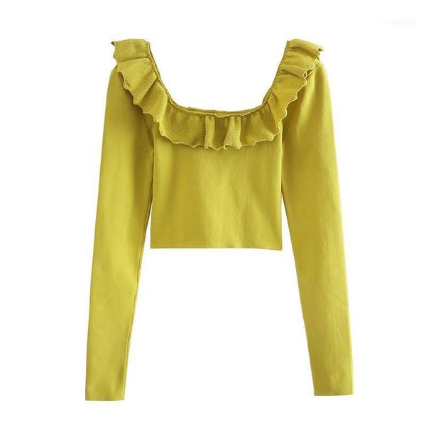 

elegant women green short shirt 2021 fashion ladies chic knitted streetwear female causal ruffles square collar blouse1, White