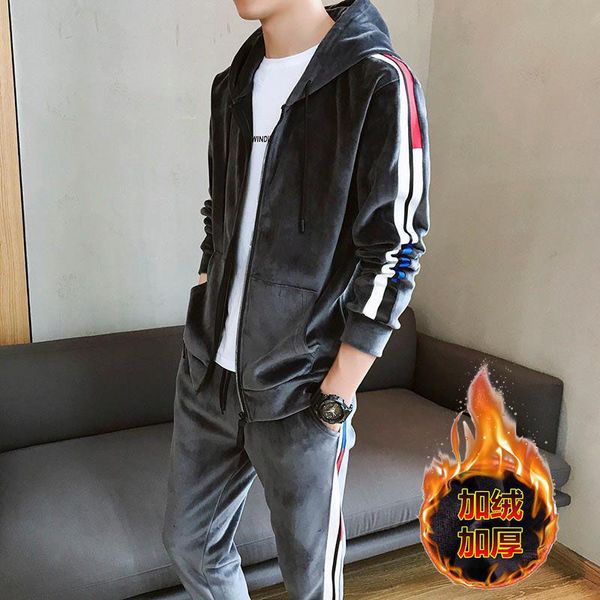 

tracksuits 2021 new high-end gold veet men's sweater casual autumn and winter korean trend sports suit men, Gray