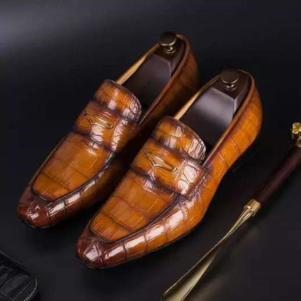 

dress shoes men low heel crocodile skin slip on male brogue vintage classic casual office business pu leather mens, Black