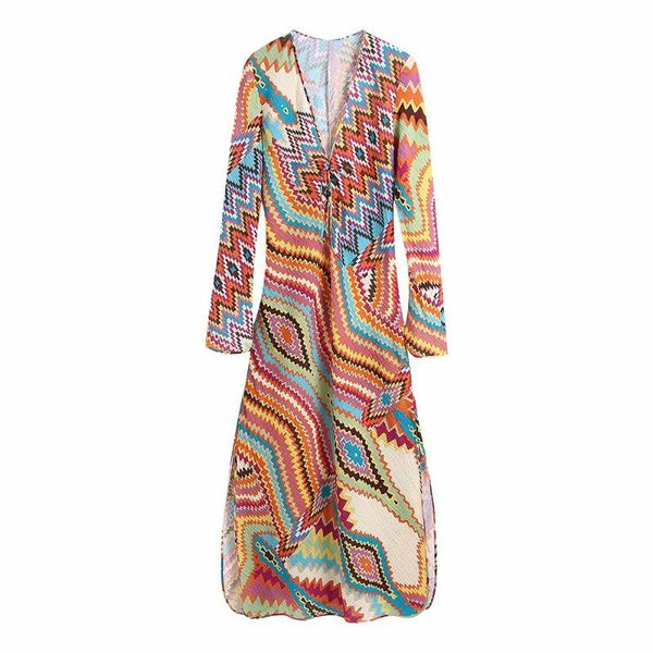 

casual dresses women 2021 fashion print vintage midi dress vneck long sleeve side slit slim ladies summer autumn chic drawstring, Black;gray